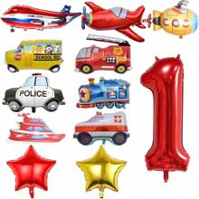 1 set de globos de aluminio con diseños de camión, avión, autobús escolar, camión de bomberos, coche de policía, barco, ambulancia, submarino y números del 1 al 9, para fiesta con tema de vehículos