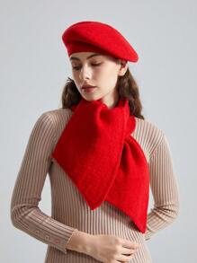 2 件套新款千鸟格羊毛贝雷帽和千鸟格羊毛围巾套装，100% 羊毛 - 紅色 - 查看 13