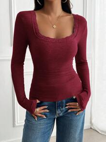 Damen T-Shirt Y2K Herbst Damen Schulanfang Kleidung Sexy Lässig einfarbig Spitze Spitze Quadratischer Ausschnitt Gestrickter Langarm-Oberteil