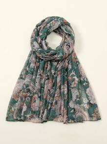 1pc Paisley Pattern Casual Elegant Street Chic Lightweight Business Party Polyester Chiffon Floral Print Scarf, Suitable For Spring, Summer, Autumn And Winter, Nature Green Floral