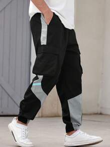 Men Casual Color Block Large Pocket Cargo Pants, Fall - Black - View 4