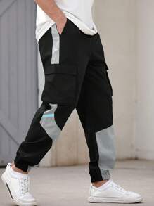 Men Casual Color Block Large Pocket Cargo Pants, Fall - Black - View 5