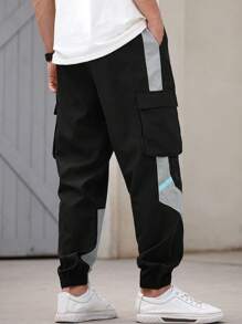 Men Casual Color Block Large Pocket Cargo Pants, Fall - Black - View 6