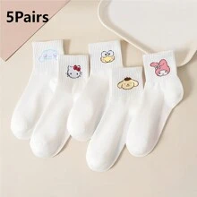Sanrio 1 pereche de șosete de damă cu model de desene animate, mărime unică, șosete confortabile, respirabile și moi pentru purtarea de zi cu zi, material poliester și spandex ușor de întreținut