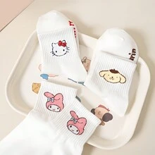 Sanrio 1 pereche de șosete de damă cu model de desene animate, mărime unică, șosete confortabile, respirabile și moi pentru purtarea de zi cu zi, material poliester și spandex ușor de întreținut