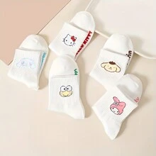 Sanrio 1 pereche de șosete de damă cu model de desene animate, mărime unică, șosete confortabile, respirabile și moi pentru purtarea de zi cu zi, material poliester și spandex ușor de întreținut
