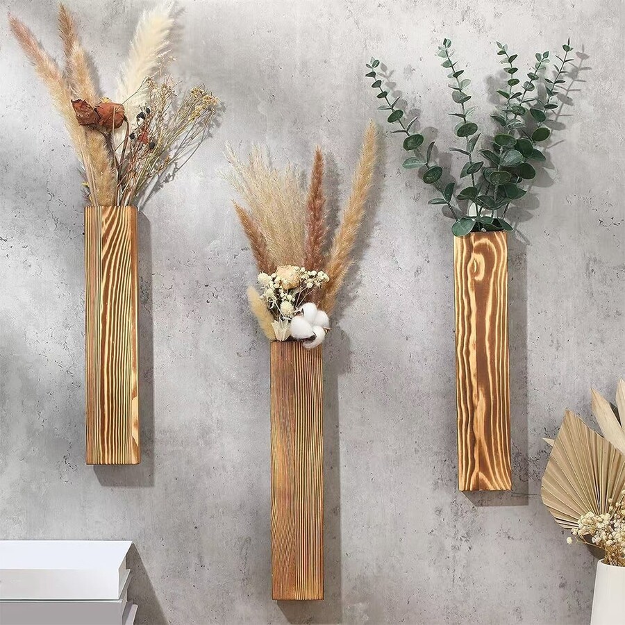 1/2pcs Wooden Wall Vase For Dried Flowers Decoration Green Plant
