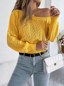实拍性感不对称肩部镂空长袖针织毛衣秋冬款 - 黃色 - 查看 4