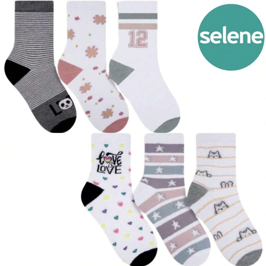 Kit 6 Pairs Of Women's Mid-Calf Socks With Fun Prints - Selene - Nhiều màu - Xem 1