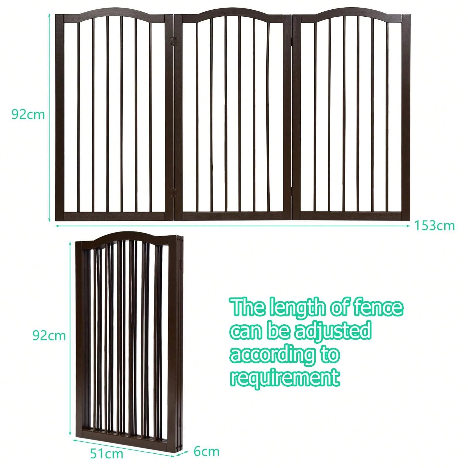 Wooden Folding Pet Gate, 3 Panels Freestanding Barrier With Arched Top