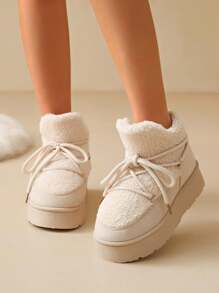 Sepatu Bot Salju Wanita Ukuran Besar, Hangat, Bertali, Berbahan Fleece, Sol Tebal, Nyaman untuk Aktivitas Luar Ruangan, Warna Polos yang Modis, Musim Gugur/Musim Dingin - Krem - View 3