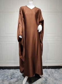 1 chiếc áo choàng bằng vải satin bóng cho nữ, váy abaya phong cách Dubai, váy Hồi giáo, váy abaya capaya Dubai, váy abaya cổ điển thời trang sang trọng, thích hợp cho các buổi tụ họp lễ hội - Cà phê nâu - Xem 7