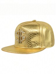 1pc Men's Dollar Metal Logo Snakeskin Pattern Snapback Cap, Personalized Hip Hop Trucker Hat For Large Head Circumference, Street Fashion Spring Autumn