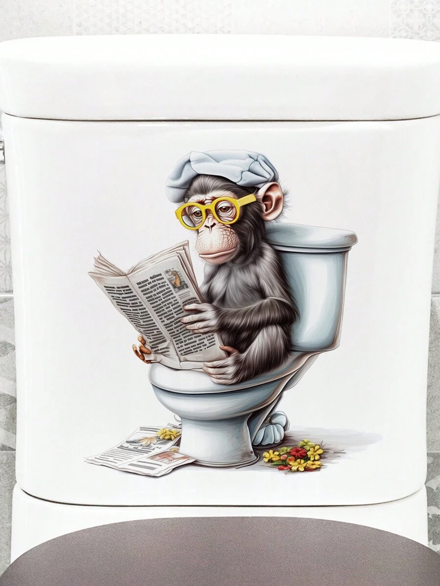 1 件趣味卡通动物系列 - 眼镜狒狒在马桶盖上阅读报纸装饰贴纸，适用于浴室装饰，可移除且无损，贴纸，墙贴花，乙烯基贴花，用于家居装饰，春季装饰品让您的家焕然一新，Rama 装饰贴纸 - 彩色 - 查看 1
