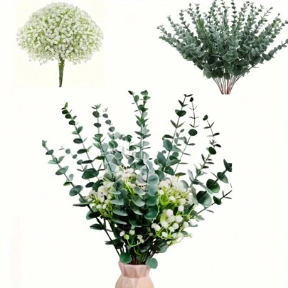 30 pezzi di steli artificiali di eucalipto e gipsofila artificiale, steli di eucalipto e gipsofila al tatto reale, foglie artificiali di albero finto, foglie di eucalipto finte per vaso, decorazione floreale per matrimoni, decorazione domestica in stile fattoria