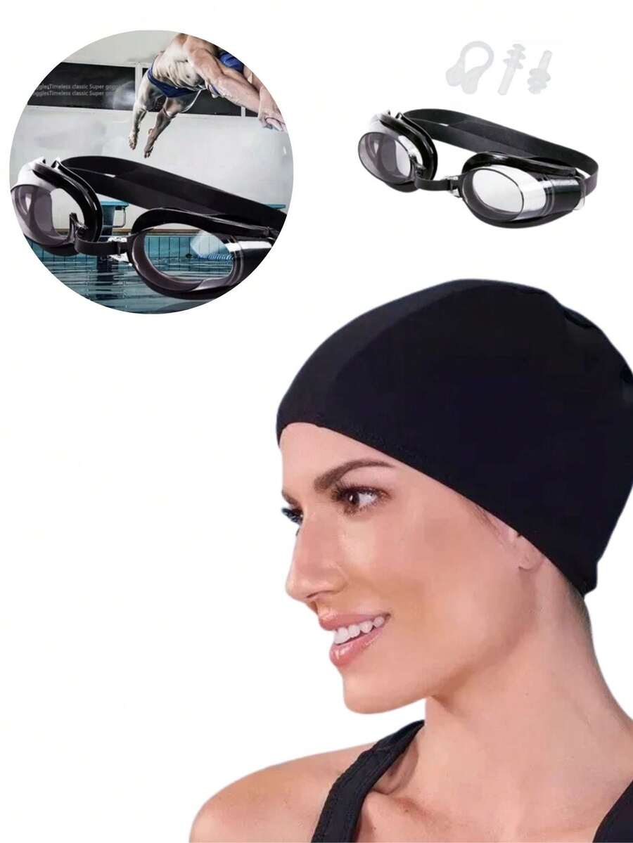 Swimming Cap Kit + Goggles Water Aerobics Ear Cover Youth And Adult Swimming Pool Lycra UV - Negro - Ver 1