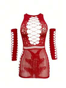 Hollow Out Butterfly Decal Bodystocking With Short Dress Set - Lingerie - Red - View 6