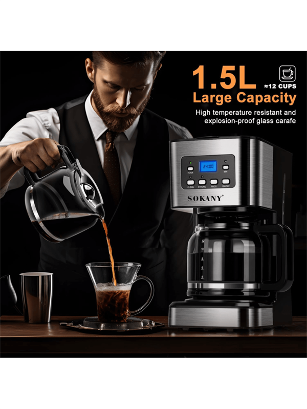 SOKANY SOKANY Amerikanische Filterkaffeemaschine, Drei-in-Eins Einzeltassen-Kaffeemaschine, programmierbar, mit Touchscreen, abnehmbar und waschbar, Glaskanne und Edelstahloberfläche, kann schnell etwa 10 Tassen Kaffee zubereiten, ausgestattet mit einem 1,5 Liter Wassertank mit großer Kapazität, geeignet für K-Pod Kapselkaffeemaschine, Mahlkaffee-Zubereitung, Teeautomatik.