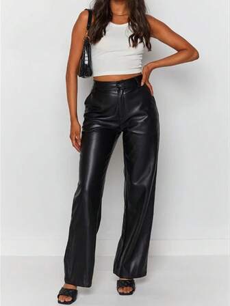 Women Faux Leather Pants High Waist Straight Wide Leg PU Pants Casual Skinny Tummy Control Trousers With Pockets