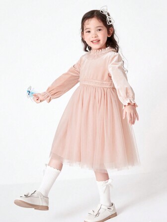 Girls Mesh & Velvet Patchwork Dress, Sweet & Elegant Princess Style, Autumn/Winter
