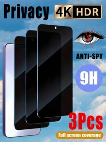 3 stuks 9H Full Coverage Privacy Anti-Clip Gehard Glas Screenprotector, Compatibel met de Galaxy S25 Ultra, 16/15/14/13/12/11 Pro Max Plus, Honor, Redmi en meer modellen. Valbestendig, niet-breekbaar, anti-spion gehard glas, geen bubbels, eenvoudig aan te brengen, stevig en duurzaam, ondersteunt geen vingerafdrukherkenning. Cadeau voor verjaardagen, familie, vrienden, telefoonscreenprotector en telefoonaccessoires.