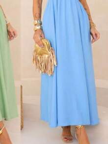 TRICOZHU SLEEVELESS SUMMER DRESS PLAIN PRINT Party Women's Long Evangelical Fashion Wedding Godmother - Màu xanh nhạt - Xem 2