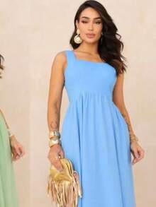 TRICOZHU SLEEVELESS SUMMER DRESS PLAIN PRINT Party Women's Long Evangelical Fashion Wedding Godmother - Màu xanh nhạt - Xem 1