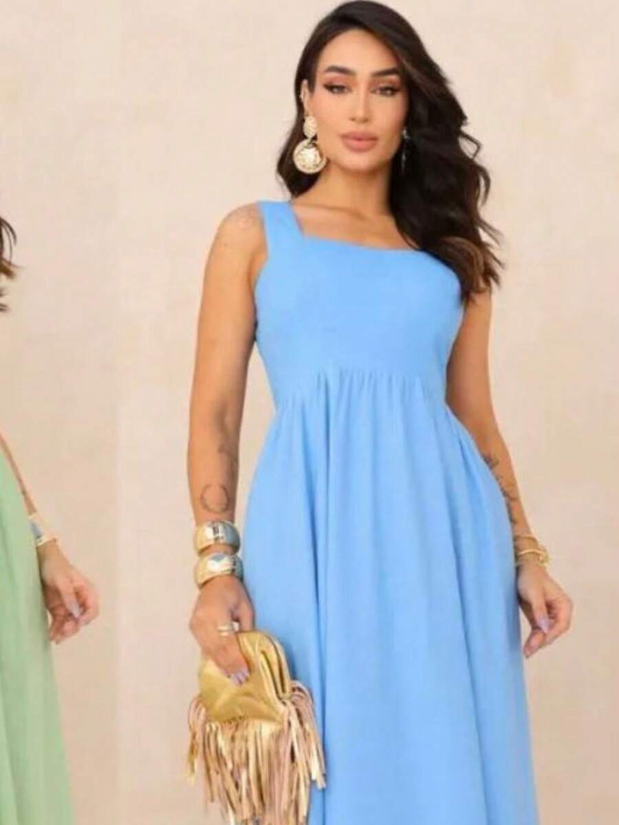 TRICOZHU SLEEVELESS SUMMER DRESS PLAIN PRINT Party Women's Long Evangelical Fashion Wedding Godmother - Màu xanh nhạt - Xem 1