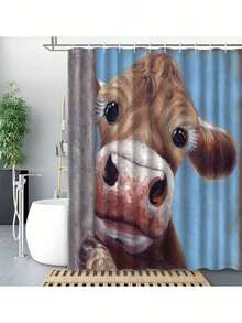 1 件可爱奶牛印花浴帘，轻巧优雅图案浴帘，带塑料挂钩，不透明浴室装饰套装，面料，颜色时尚防水浴室窗帘，家居装饰配件 - MQ895 - 查看 3