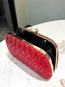 1 件红色闪亮双面优雅水钻装饰女士手拿包，金属链肩带，时尚优雅晚会手提包，适合正式晚宴、婚礼、舞会、女士礼物 - 紅色 - 查看 8