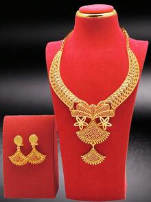 2 件中东迪拜拉丁美洲风格珠宝套装 - 项链和耳环，女士优雅配饰 - 金黃色 - 查看 8