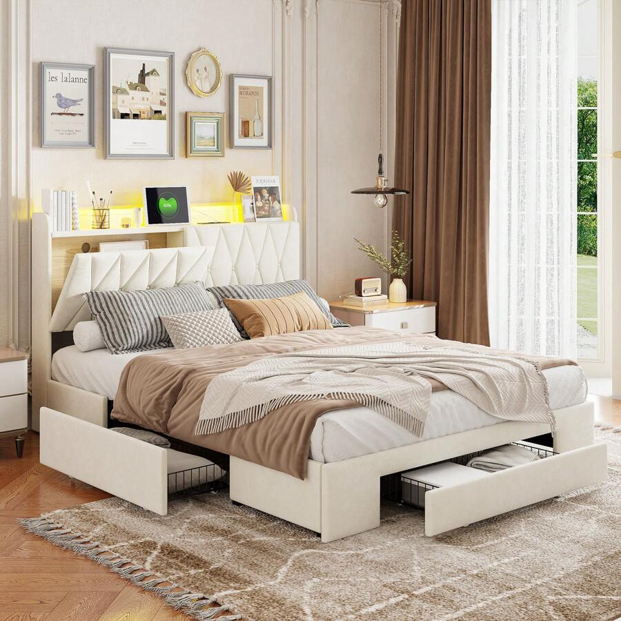 Polsterbett 140x200/160x200cm mit 3 Schubladen, Jugendbett Doppelbett, Stauraumbett Massivholzbett mit Lattenrost, Samt, Beige