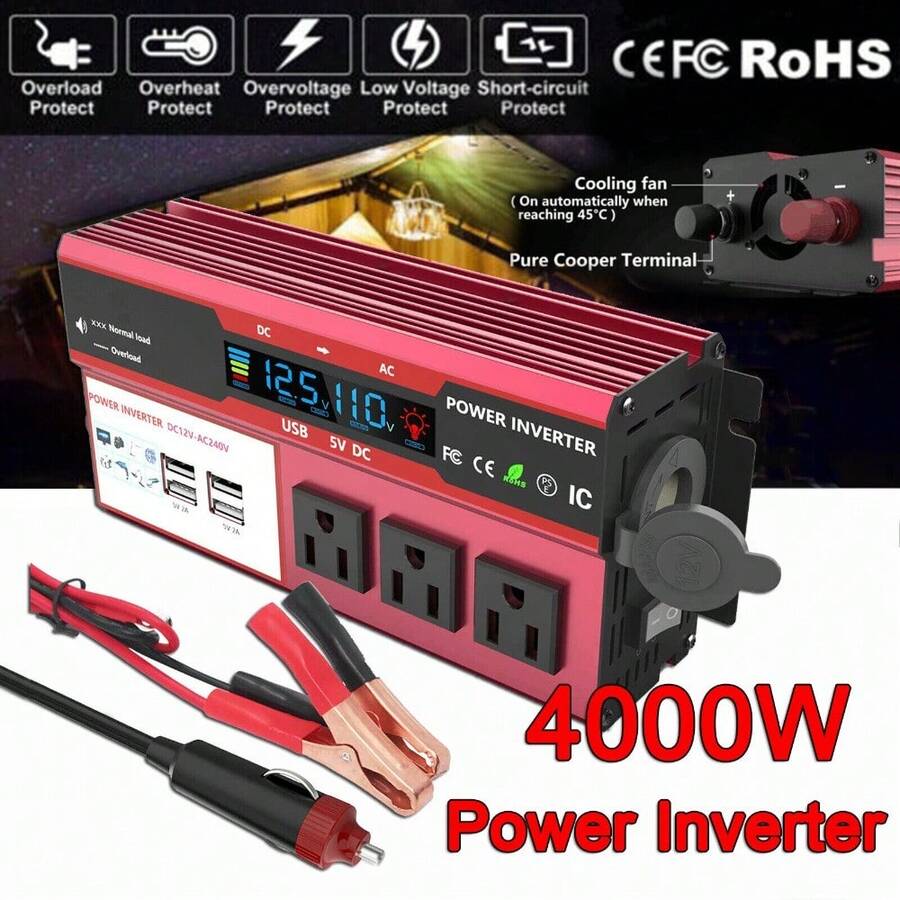 4000W1000W Car Power Inverter D.C 12V To AC 110V 3 AC Outlets RV Solar