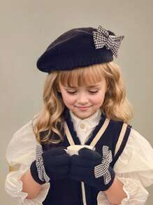 2 pièces / set : 2 pièces béret en tricot blanc pour enfants/tout-petits filles, béret d'artiste mignon, avec gants en acrylique tricoté, mode, élégant, populaire, pied-de-poule, décoration de nœud, , fin pour le début de l'hiver