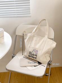 Book Pattern With The Letter 'weekend' Minimalist Shopper Bag Beige Casual,School Bag,Book Bag,Large Capacity,Portable,For Teen Girls Women College Students,White-Collar Workers,Perfect For Work,Back To School,Middle School,High School,College,Vacation ﻿,Teacher's Day Gift