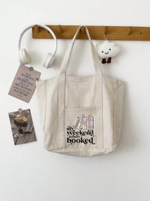 Book Pattern With The Letter 'weekend' Minimalist Shopper Bag Beige Casual,School Bag,Book Bag,Large Capacity,Portable,For Teen Girls Women College Students,White-Collar Workers,Perfect For Work,Back To School,Middle School,High School,College,Vacation ﻿,Teacher's Day Gift