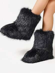 Women Fluffy Decor Slip On Snow Boots