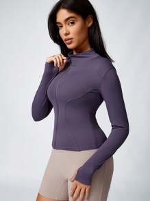 2pcs Women's Fashion Solid Color Thumb Hole Long Sleeve Zip-Up Active Jacket, Tight Outdoor Sports Coat