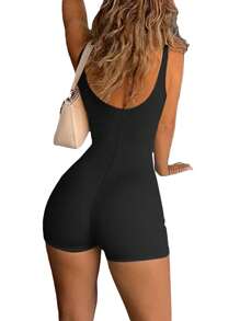Women's Sleeveless Romper, Casual Square Neck Solid Color Bodycon Jumpsuit Shorts