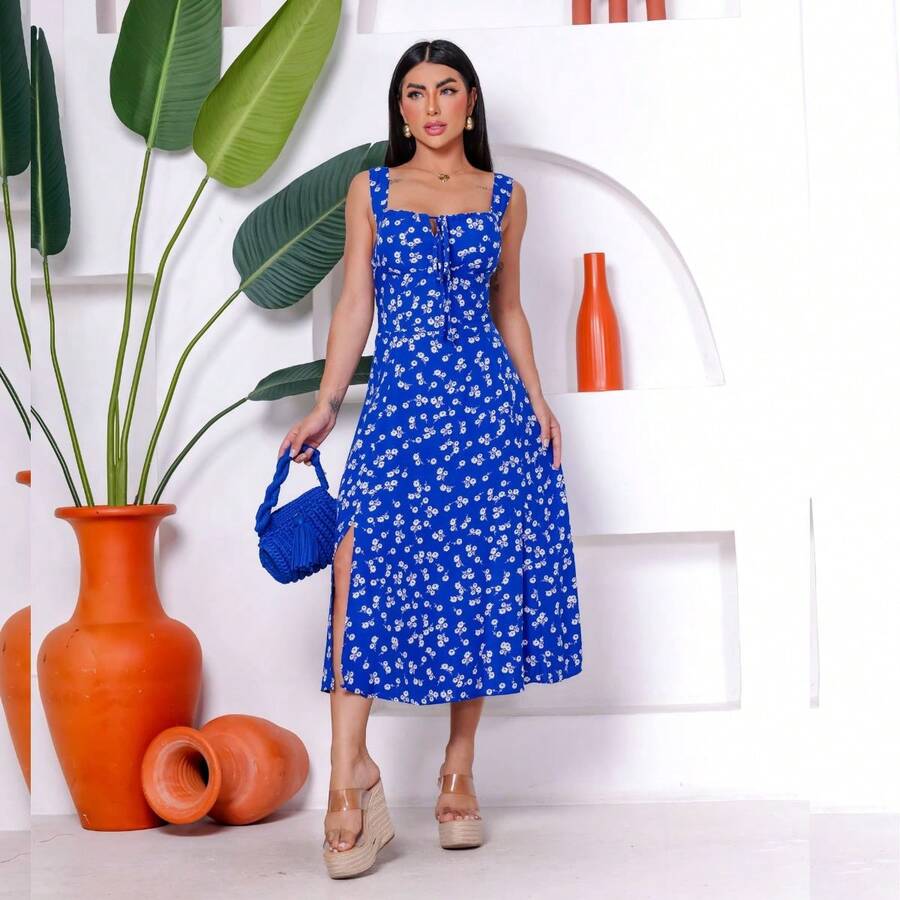 Vestido Midi Floral Tecido Viscolinho com Bojo Fenda Lateral Elastex