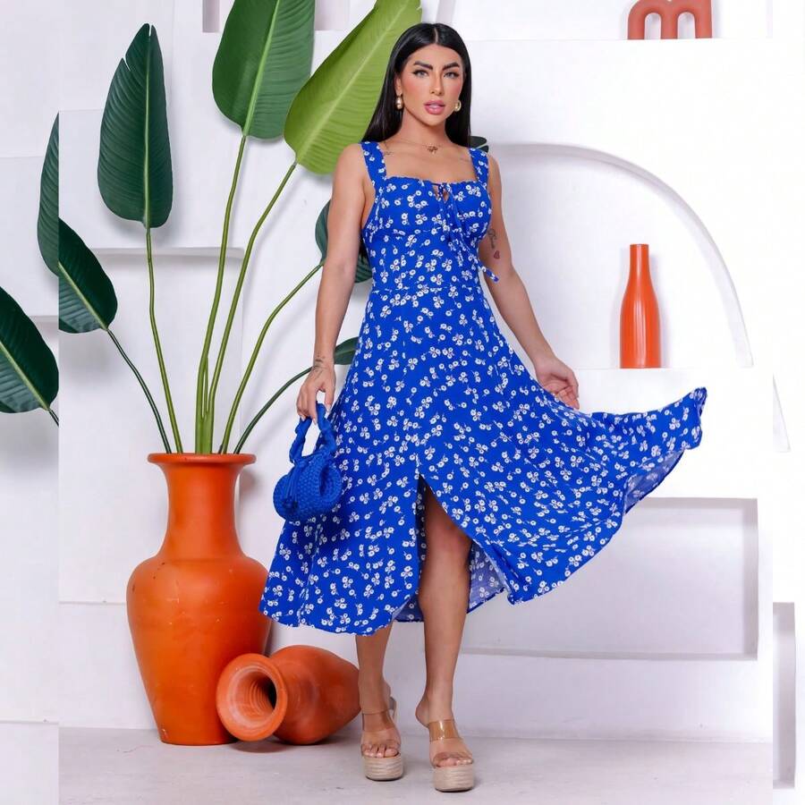 Vestido Midi Floral Tecido Viscolinho com Bojo Fenda Lateral Elastex