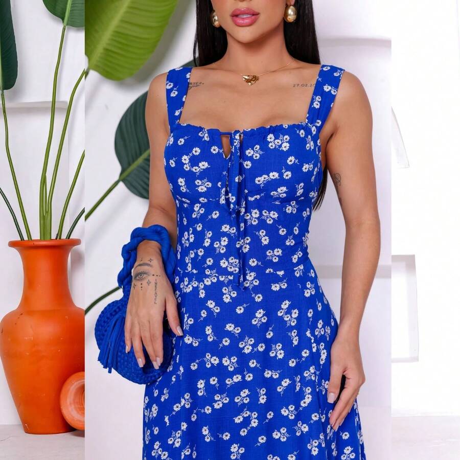 Vestido Midi Floral Tecido Viscolinho com Bojo Fenda Lateral Elastex