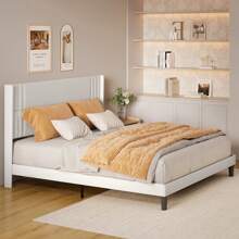 Upholstered Bed Frame With Headboard, Linen Platform Bed Frame, Room Decor Upholstered Platform Bed With Wooden Slats Support, Full/Queen/King, White/Dark Grey/Beige - 白色 - 查看 3