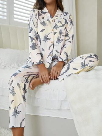 2 件套：优雅花卉印花领扣长袖上衣和宽松舒适裤子，女式睡衣/家居服/休闲装，适合秋冬季居家使用