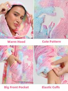 1pc Rainbow Unicorn & Star Glow In The Dark Wearable Blanket Hoodie Sweatshirt For Adults, Warm Fleece Hooded Blanket Cape, Holiday, Travel And Christmas Gift - Pink Unicorn - View 4