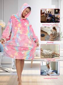 1pc Rainbow Unicorn & Star Glow In The Dark Wearable Blanket Hoodie Sweatshirt For Adults, Warm Fleece Hooded Blanket Cape, Holiday, Travel And Christmas Gift - Pink Unicorn - View 5