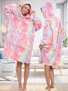 1pc Rainbow Unicorn & Star Glow In The Dark Wearable Blanket Hoodie Sweatshirt For Adults, Warm Fleece Hooded Blanket Cape, Holiday, Travel And Christmas Gift - Pink Unicorn - View 8