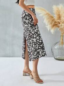 Women's Casual Summer Fall High Waist Boho Printed Side Split A-Line Midi Skirt Leopard Half-Length Maxi Swing Skirt - Color - View 3