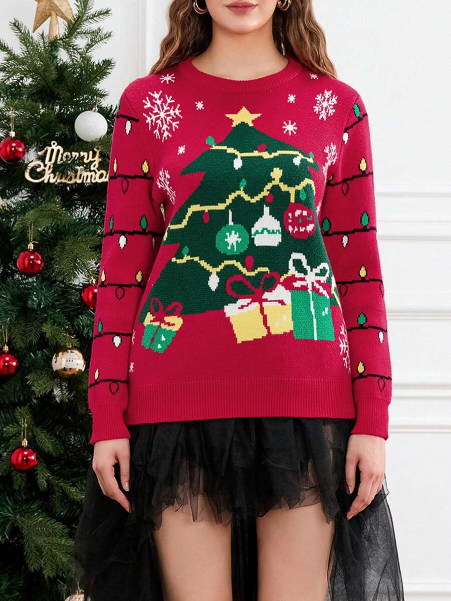 女式可爱圣诞树灯串图案休闲保暖圣诞毛衣，冬季 - 紅色 - 查看 1