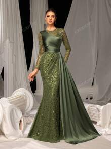 Faeriesty Luxury Long Sleeve Satin Side Streamer Gowns Formal Dresses & Evening Gowns, Prom Dress, For Wedding Guest, Graduation, Dinner, Party Dress